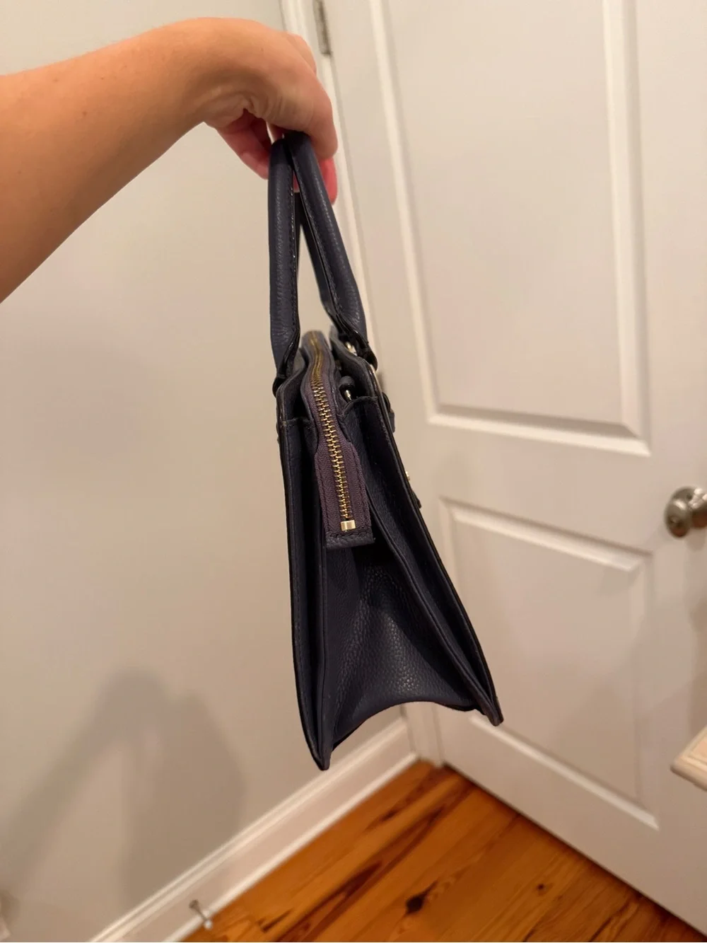kate spade navy pebbled leather top-handle satchel with gold hardware